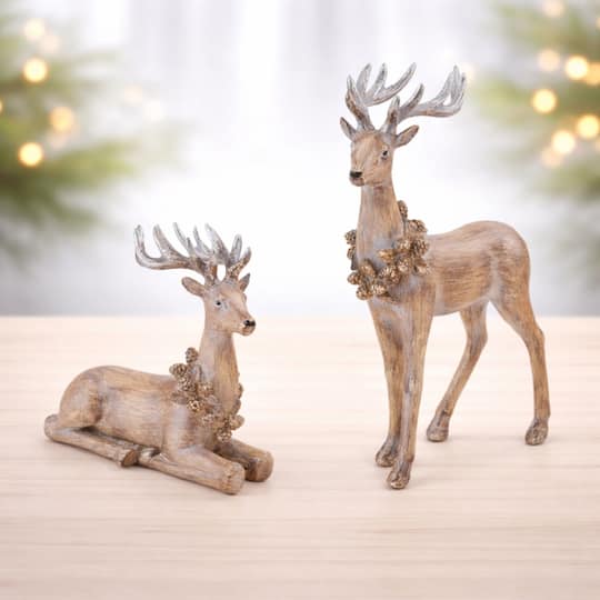 Melrose Glittered Deer with Wreath Figurines Set